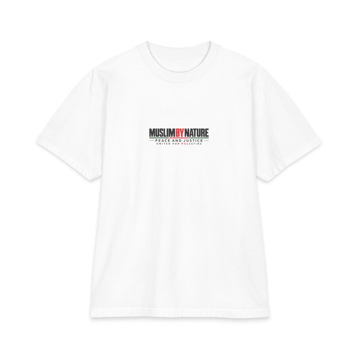 Muslim By Nature United For Palestine t-shirt in white, front print reading Muslim By Nature Peace and Justice