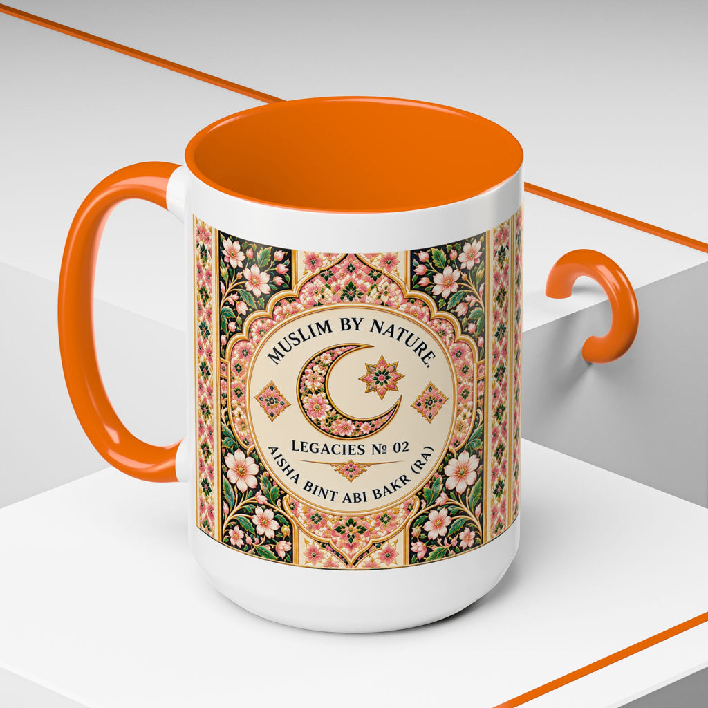 Muslim By Nature™ LEGACIES №02 Aisha (RA) 15oz mug with amber and emerald vintage manuscript design – image 15 of 16