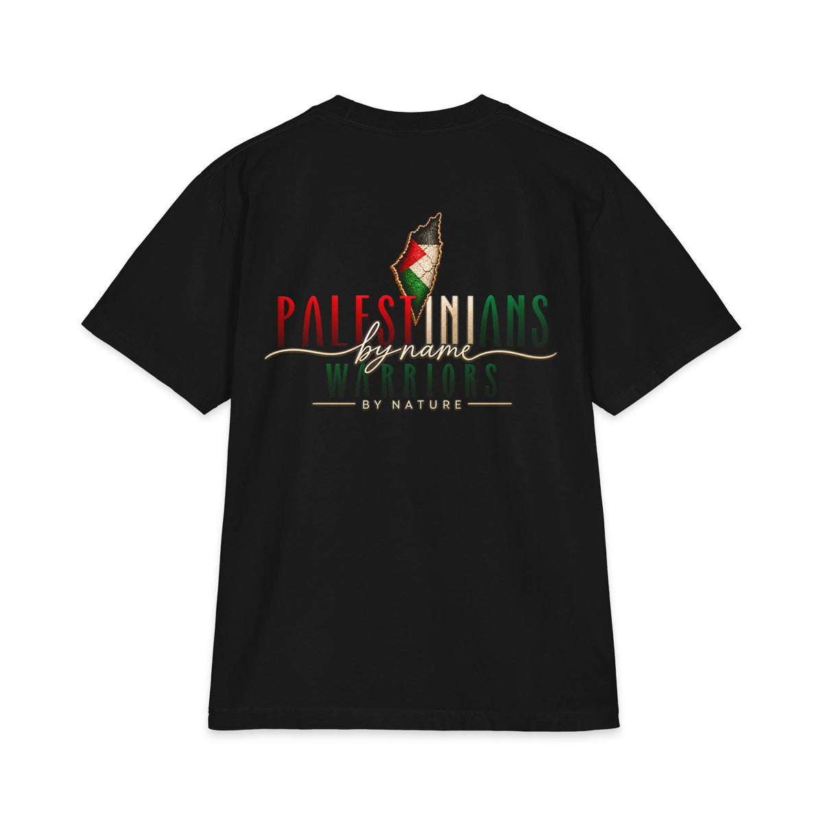 Muslim By Nature Free Palestine t-shirt in black, front print reading Palestinians By Name Warriors By Nature