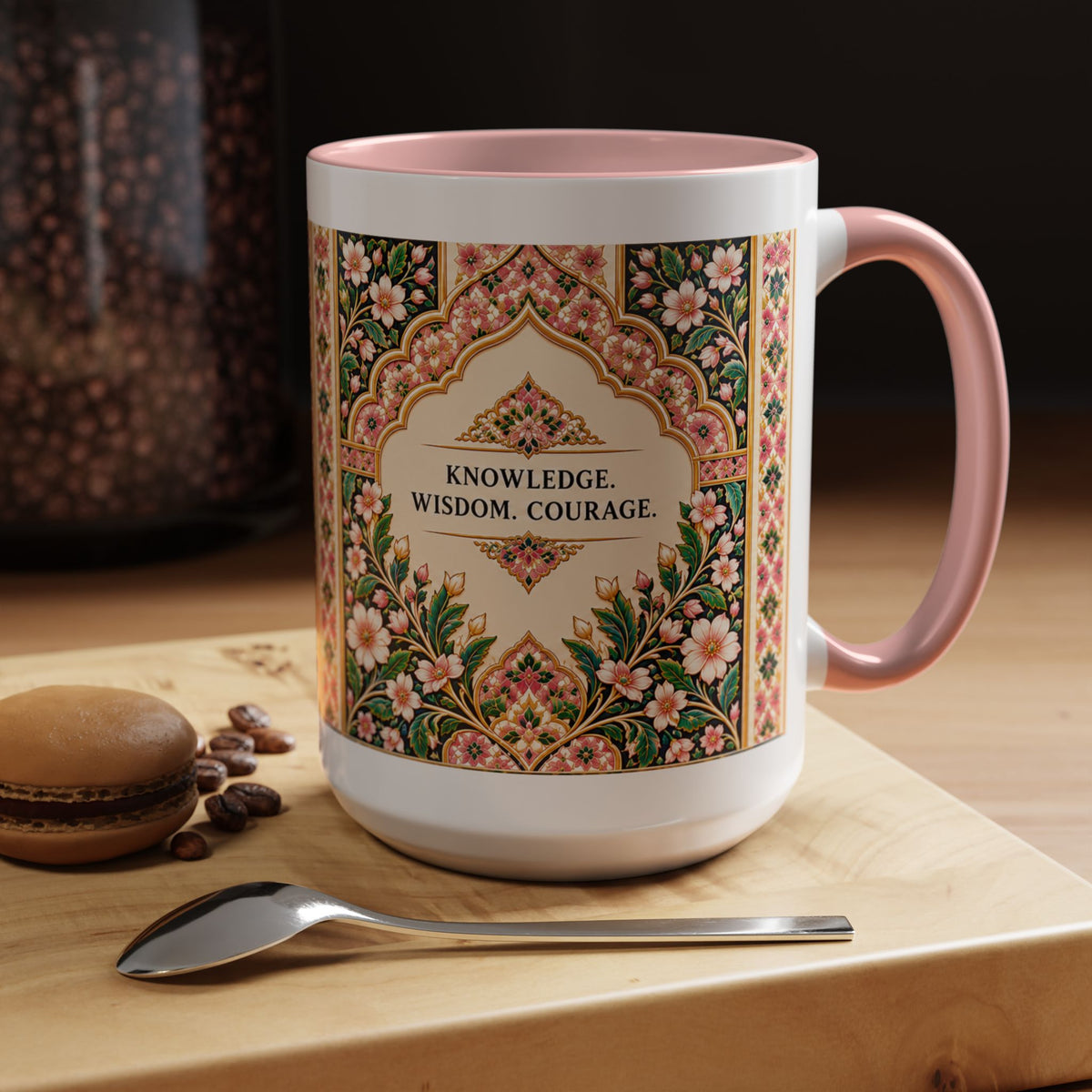 Muslim By Nature™ LEGACIES №02 Aisha (RA) 15oz mug with amber and emerald vintage manuscript design – image 13 of 16