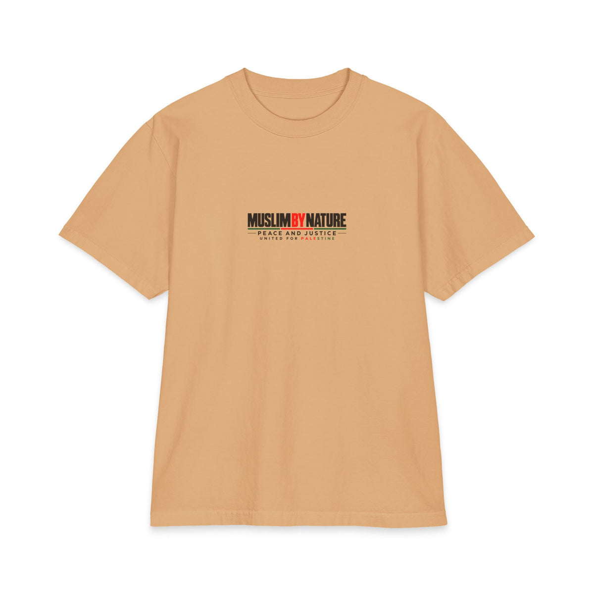 Muslim By Nature United For Palestine t-shirt in khaki, front print reading Muslim By Nature Peace and Justice