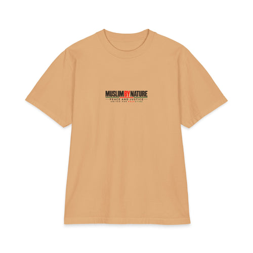 Muslim By Nature United For Palestine t-shirt in khaki, front print reading Muslim By Nature Peace and Justice