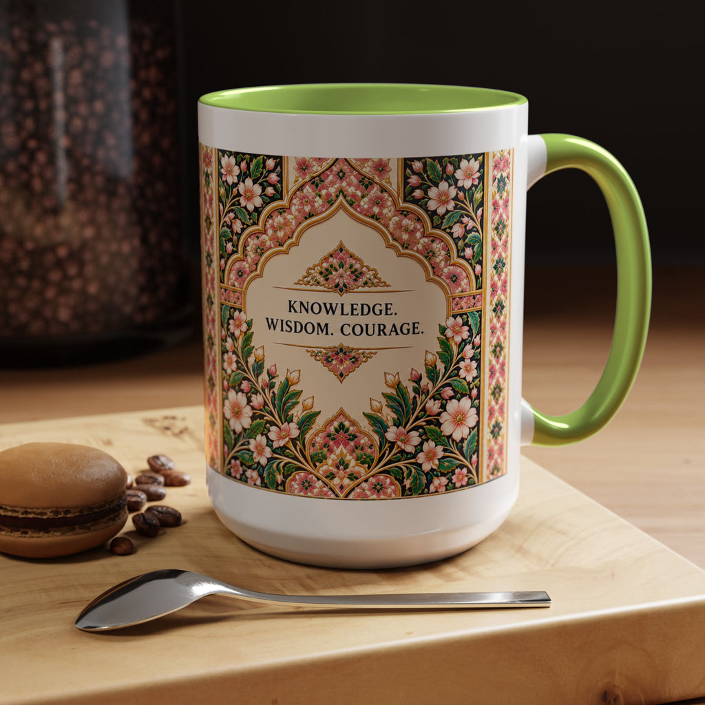 Muslim By Nature™ LEGACIES №02 Aisha (RA) 15oz mug with amber and emerald vintage manuscript design – image 7 of 16