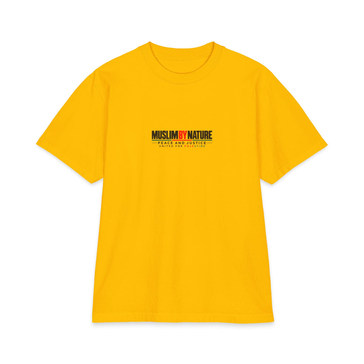 Muslim By Nature United For Palestine t-shirt in gold, front print reading Muslim By Nature Peace and Justice