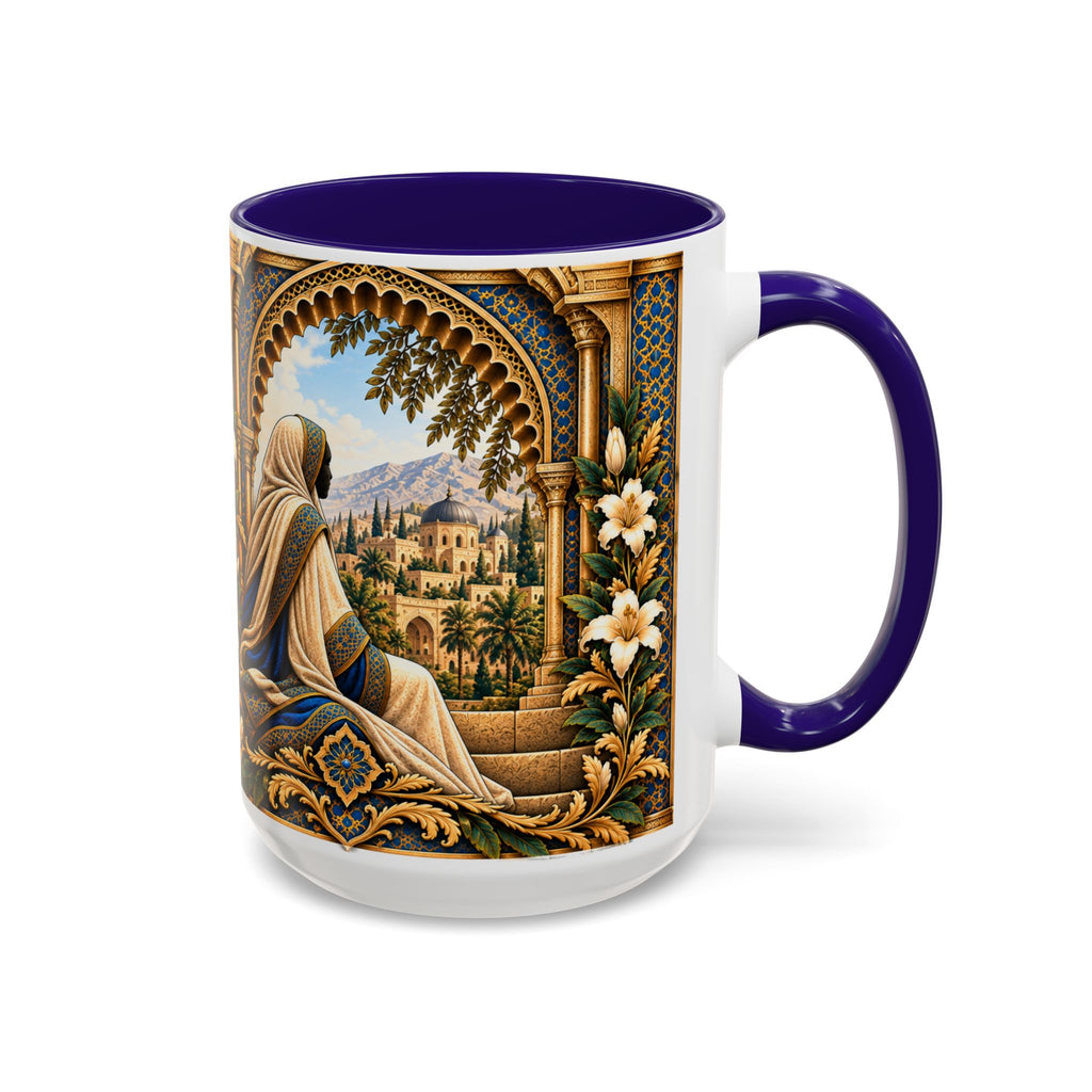 Muslim By Nature™ LEGACIES №05 Maryam bint Imran (RA) 15oz mug with royal blue, ivory and gold design – image 1 of 4