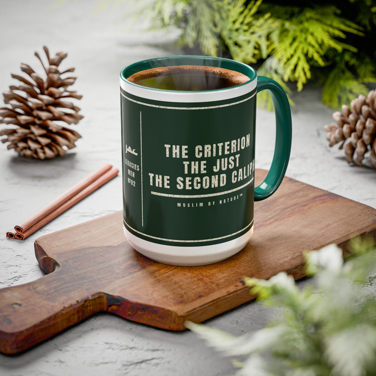 Muslim By Nature™ LEGACIES: MEN №02 Umar (RA) 15oz mug – forest green wrap with Kufic Arabic name and UMAR in cream – image 3 of 3