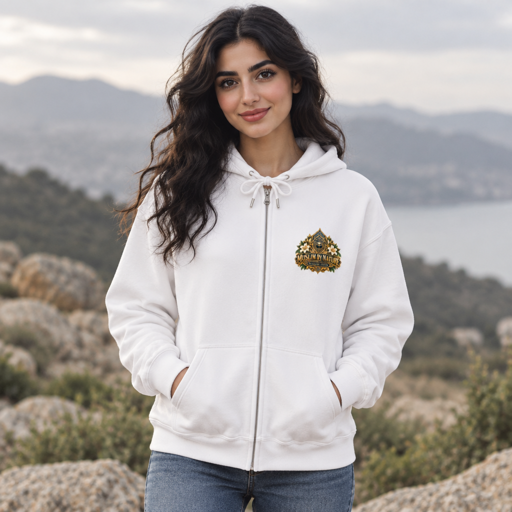 Muslim By Nature™ LEGACIES №05 Maryam bint Imran (RA) zip hoodie – royal blue, ivory and gold vintage artwork – lifestyle image