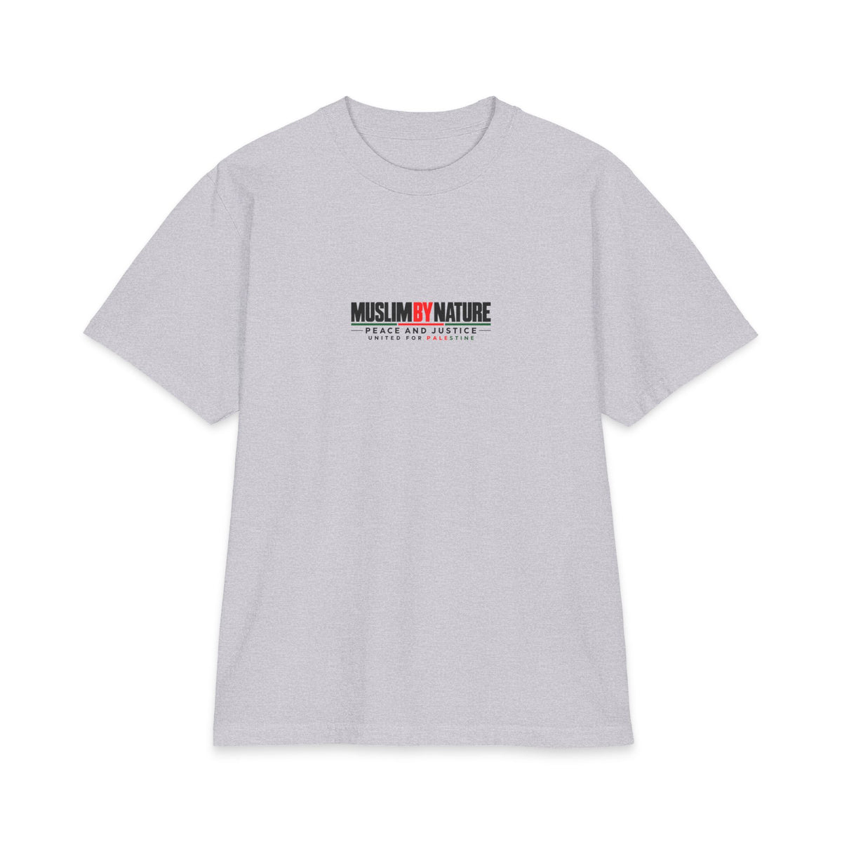 Muslim By Nature United For Palestine t-shirt in heather grey, front print reading Muslim By Nature Peace and Justice