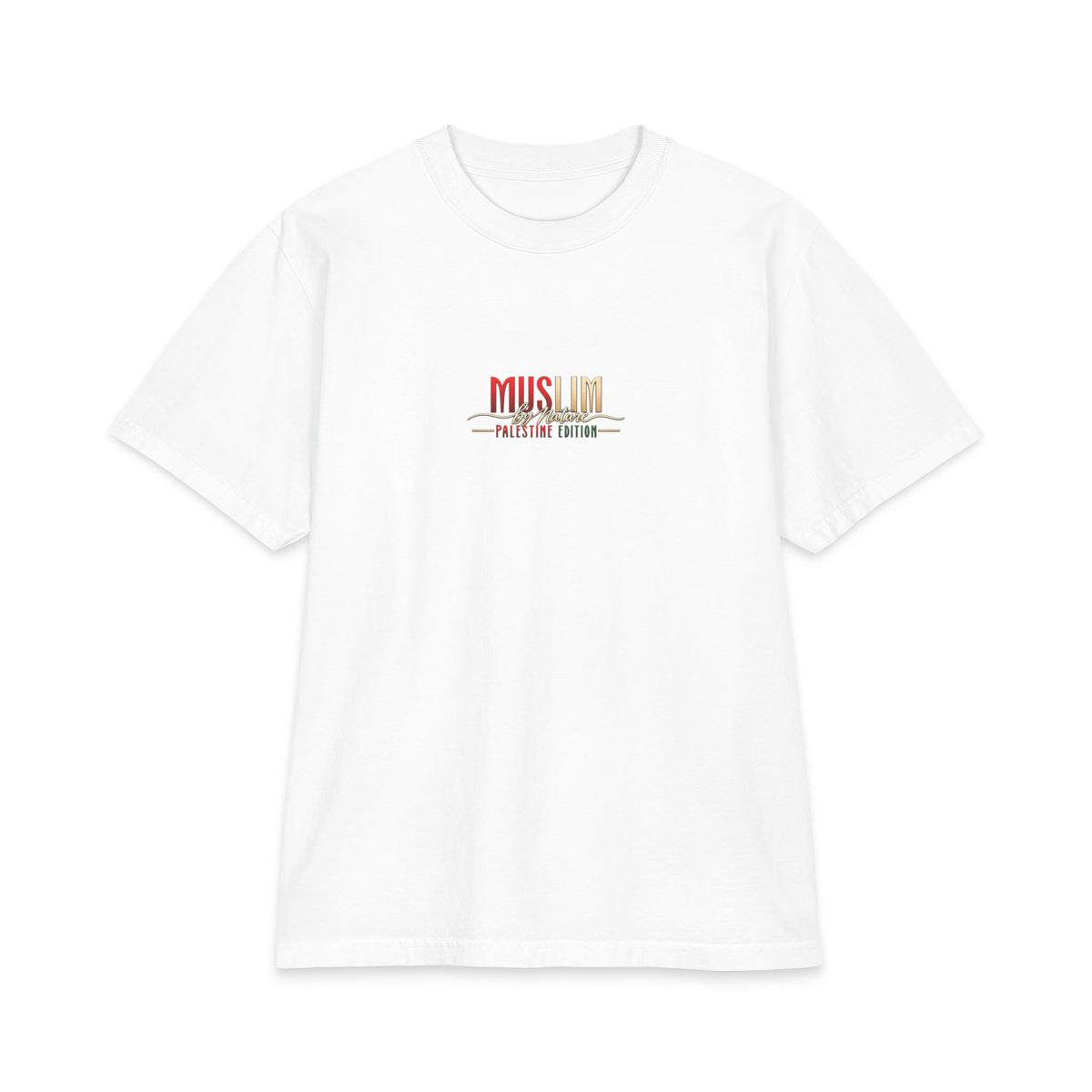Muslim By Nature Free Palestine t-shirt in white, front print reading Palestinians By Name Warriors By Nature