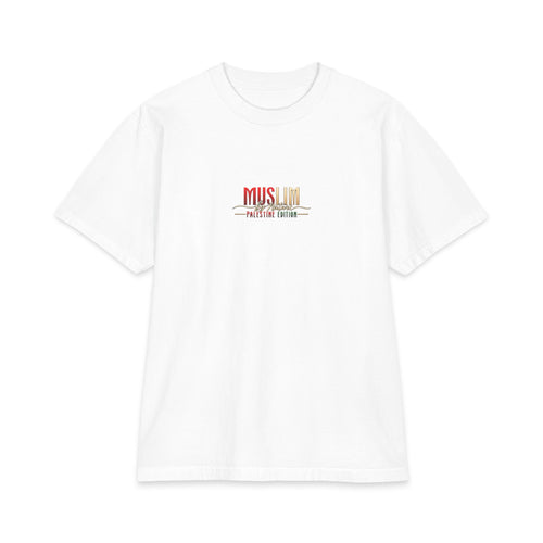 Muslim By Nature Free Palestine t-shirt in white, front print reading Palestinians By Name Warriors By Nature