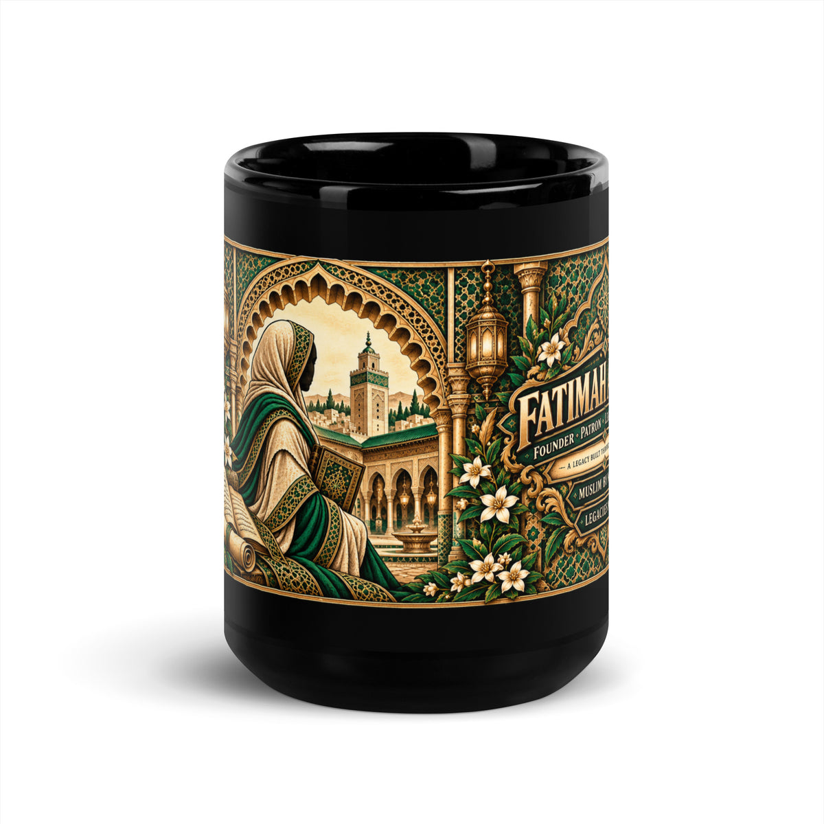 Muslim By Nature™ LEGACIES №04 Fatimah al-Fihri 15oz black glossy mug, emerald and gold design – front view