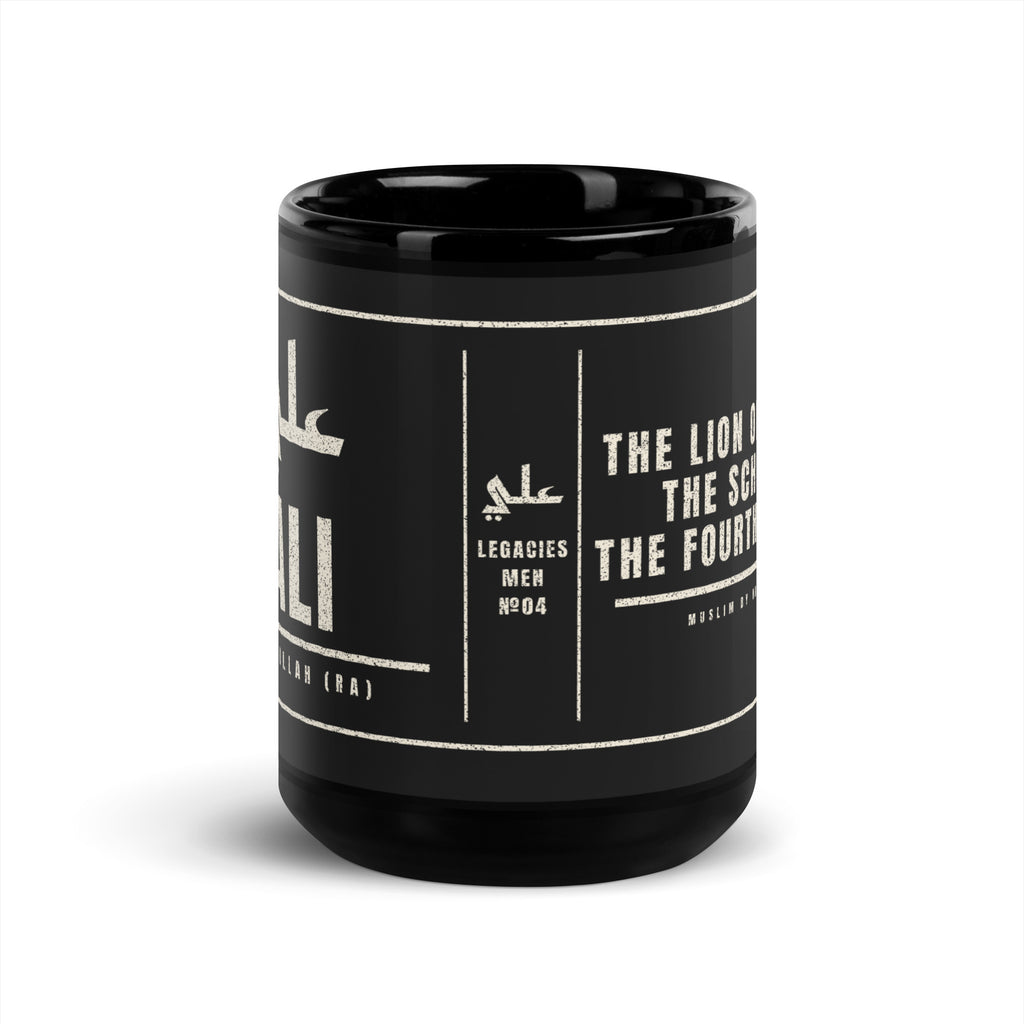 Muslim By Nature™ LEGACIES: MEN №04 Ali (RA) 15oz black mug – Kufic Arabic name and ALI in cream – front view
