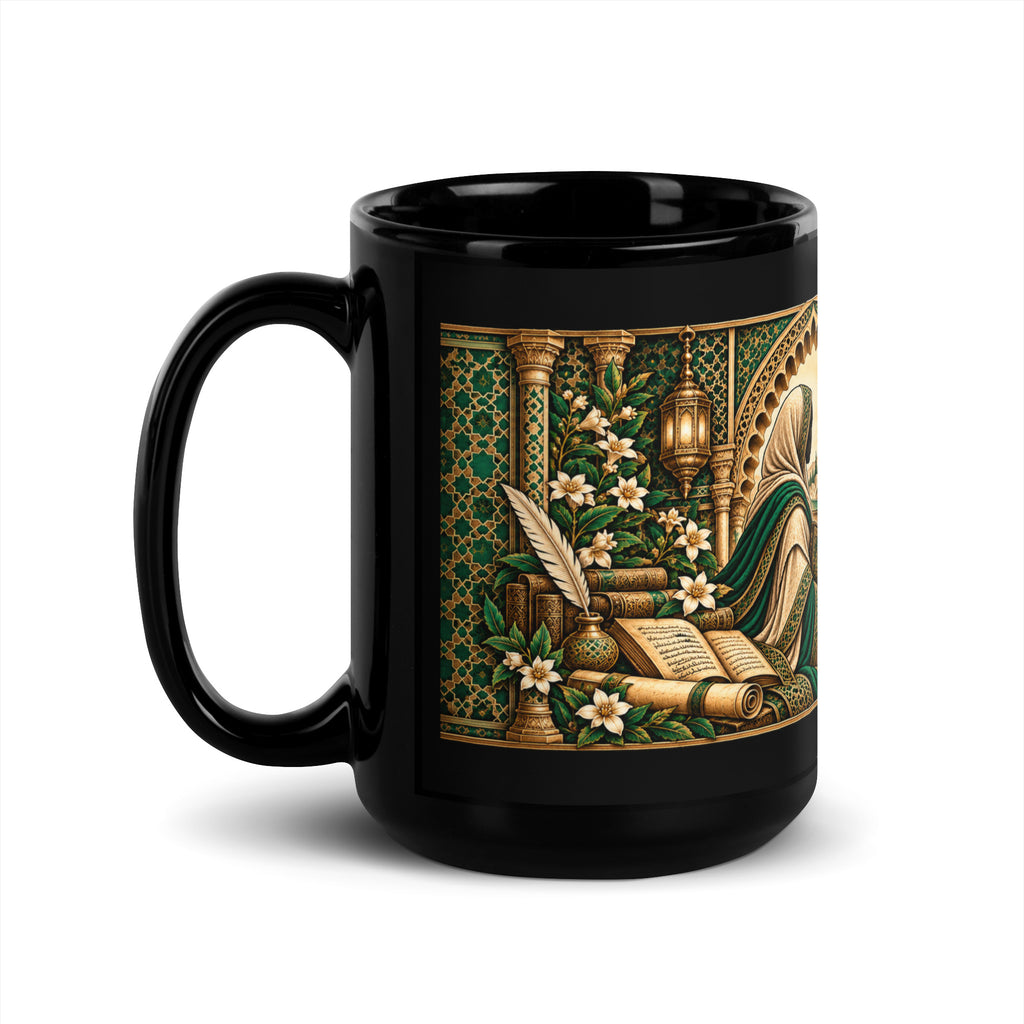 Muslim By Nature™ LEGACIES №04 Fatimah al-Fihri 15oz black glossy mug, emerald and gold design – handle on left