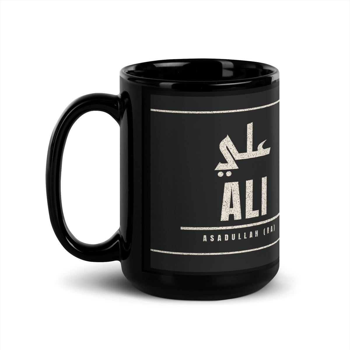 Muslim By Nature™ LEGACIES: MEN №04 Ali (RA) 15oz black mug – Kufic Arabic name and ALI in cream – handle on left