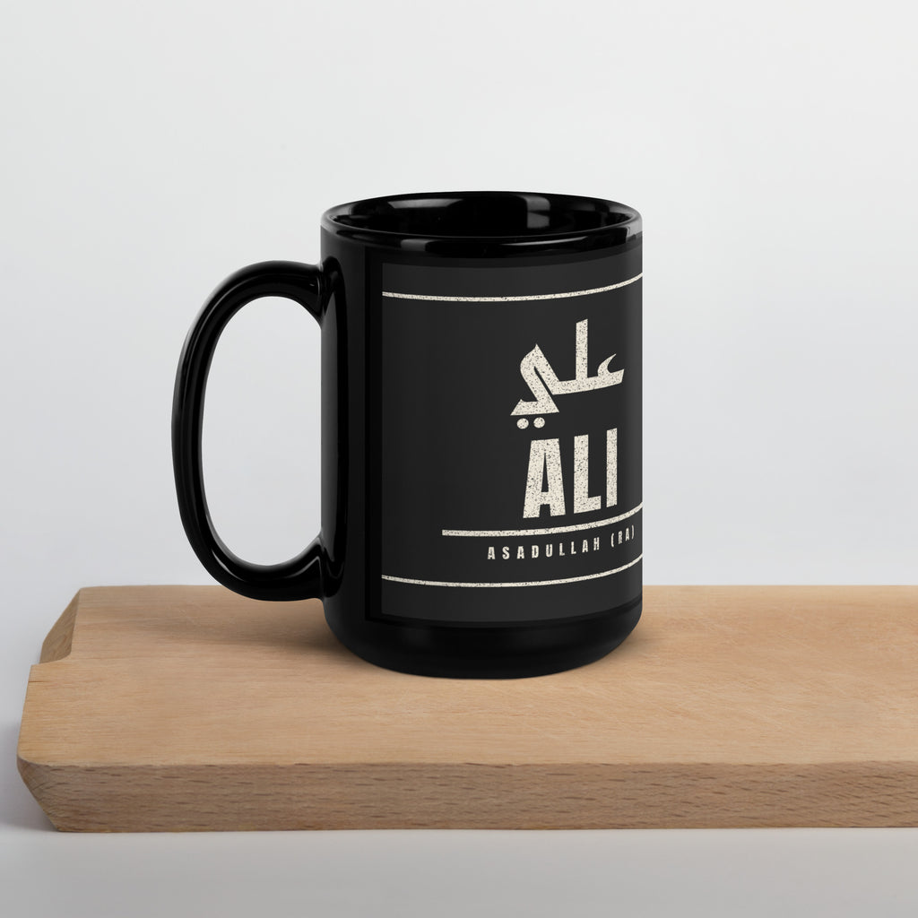 Muslim By Nature™ LEGACIES: MEN №04 Ali (RA) 15oz black mug – Kufic Arabic name and ALI in cream – handle on left