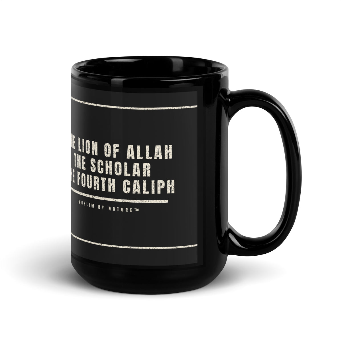 Muslim By Nature™ LEGACIES: MEN №04 Ali (RA) 15oz black mug – Kufic Arabic name and ALI in cream – handle on right