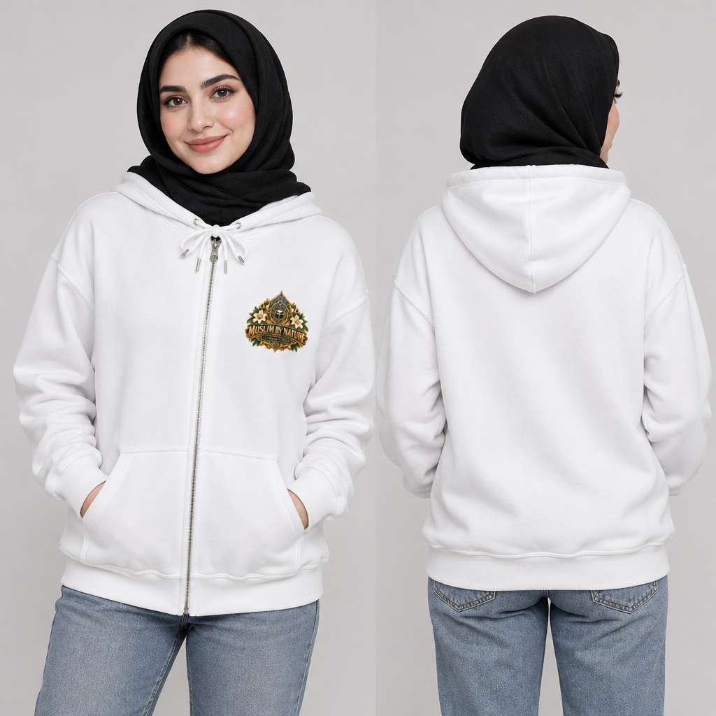 Muslim By Nature™ LEGACIES №05 Maryam bint Imran (RA) zip hoodie – royal blue, ivory and gold vintage artwork – lifestyle image