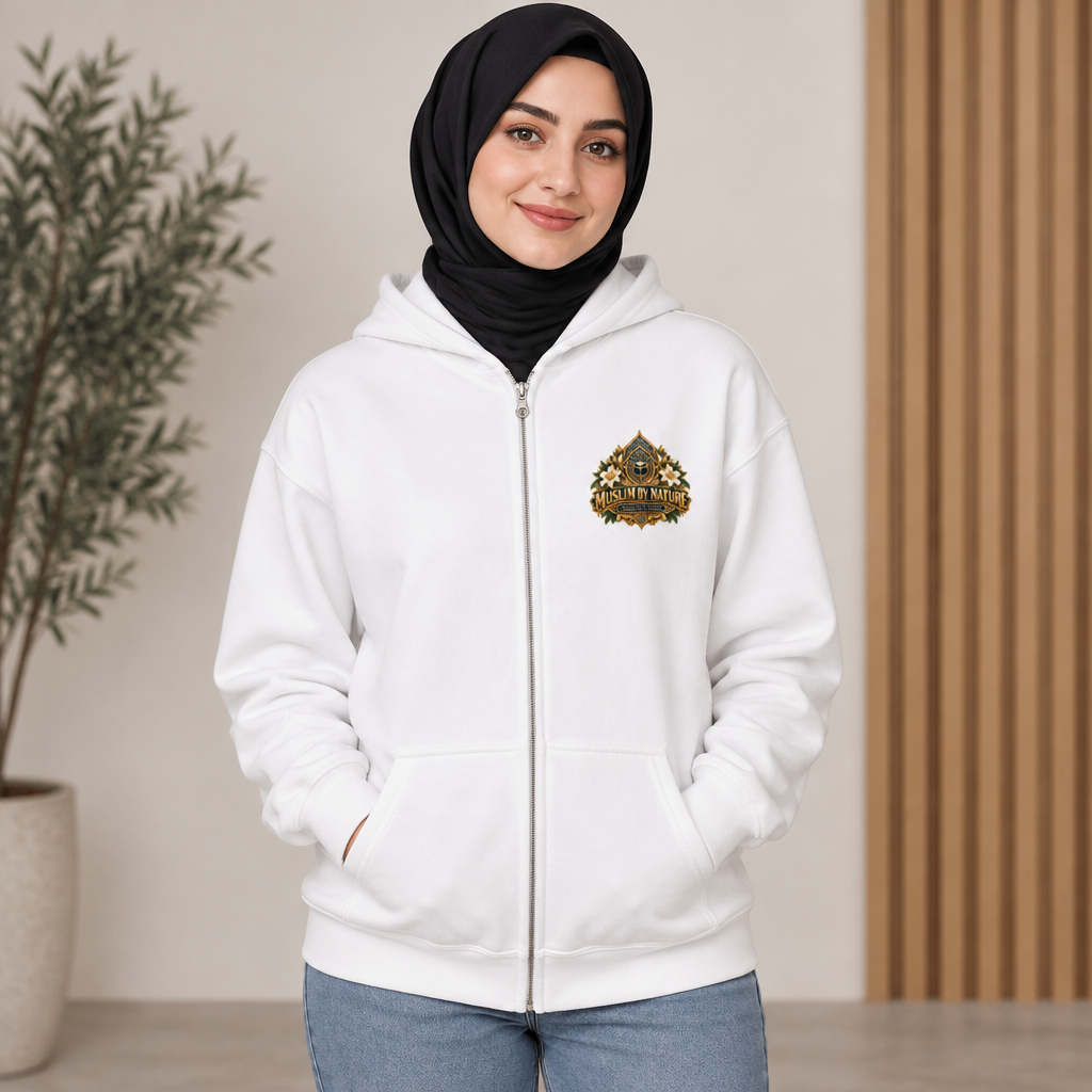 Muslim By Nature™ LEGACIES №05 Maryam bint Imran (RA) zip hoodie – royal blue, ivory and gold vintage artwork – lifestyle image