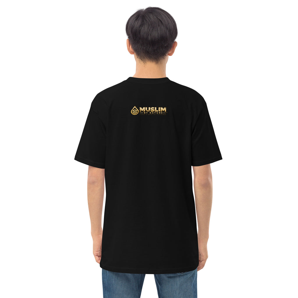 Muslim By Nature™ GRAFTER Builder T-shirt in Black, gold and black construction-themed Grafter design – back view