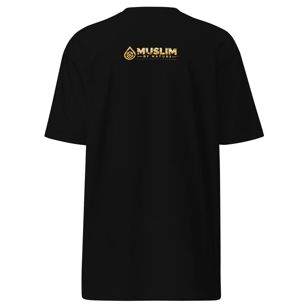 Muslim By Nature™ GRAFTER Builder T-shirt in Black, gold and black construction-themed Grafter design – back view
