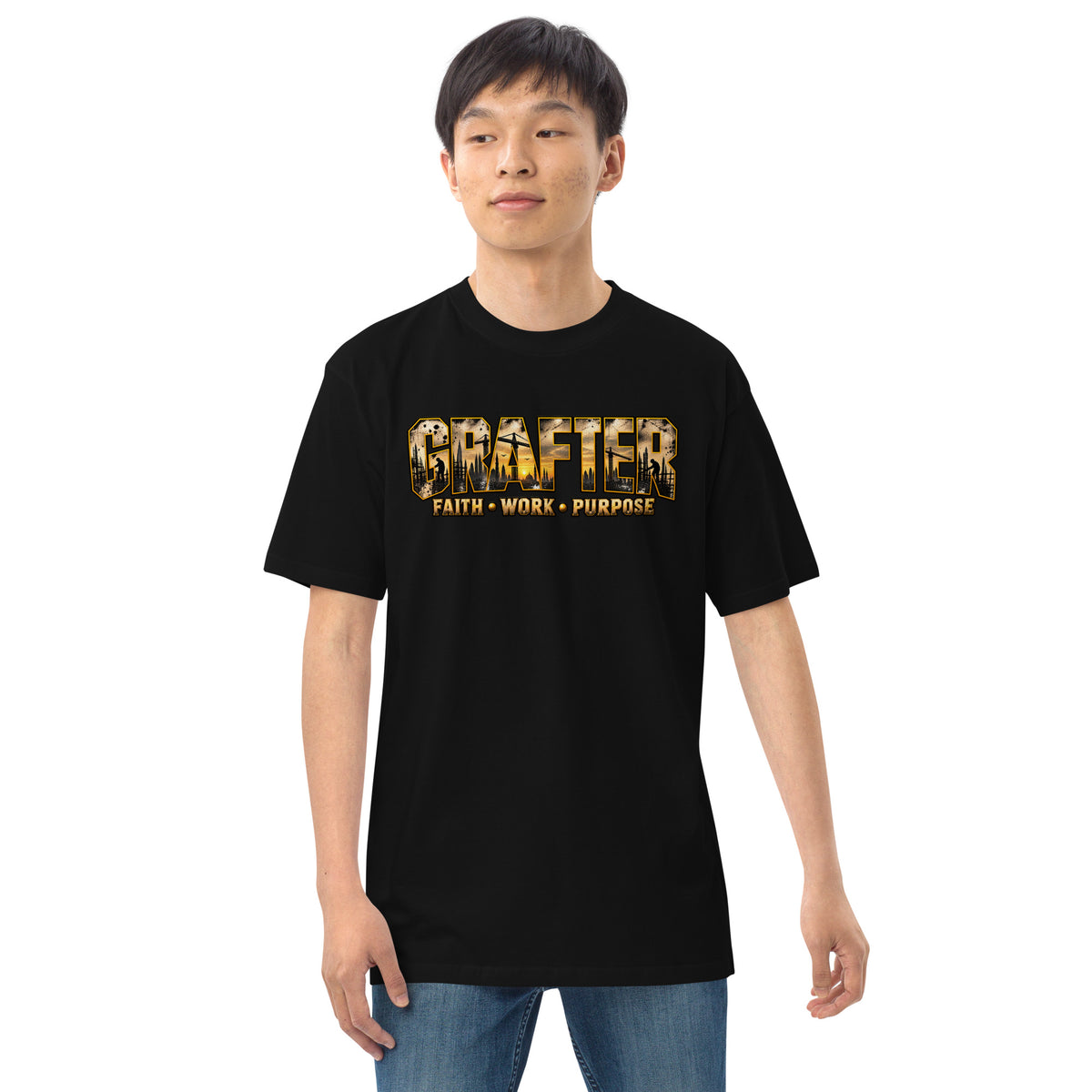 Muslim By Nature™ GRAFTER Builder T-shirt in Black, gold and black construction-themed Grafter design – front, alternate