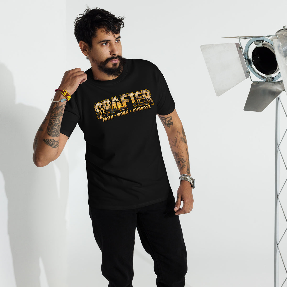 Muslim By Nature™ GRAFTER Builder T-shirt in Black, gold and black construction-themed Grafter design – front, alternate