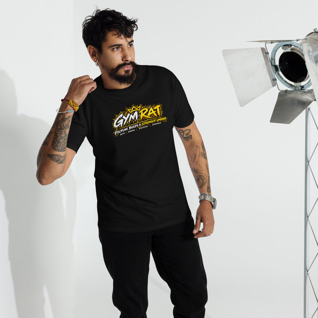 Muslim By Nature™ GYM RAT Crown T-shirt in Black, gold and white graffiti-crown Gym Rat design – front, alternate