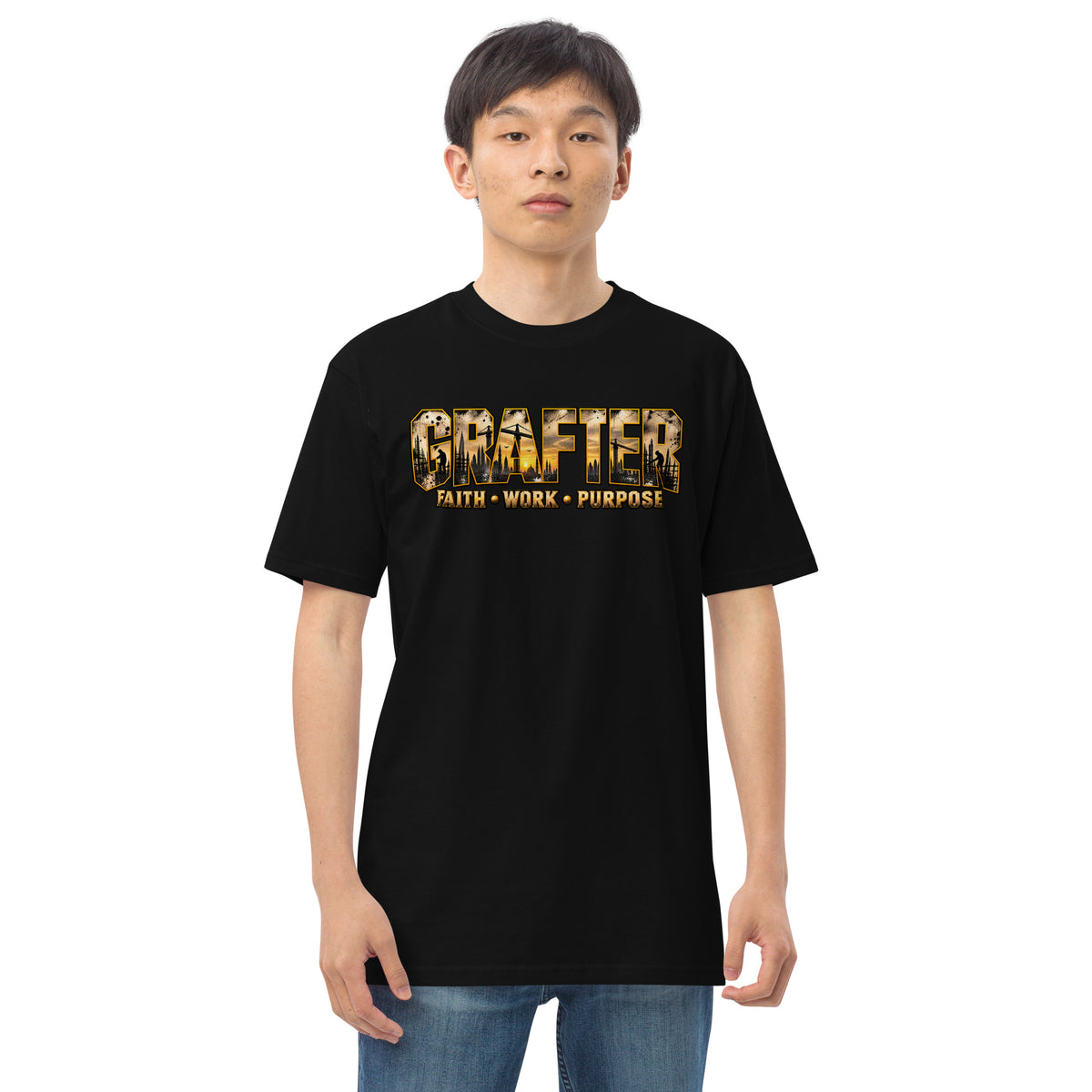 Muslim By Nature™ GRAFTER Builder T-shirt in Black, gold and black construction-themed Grafter design – front view