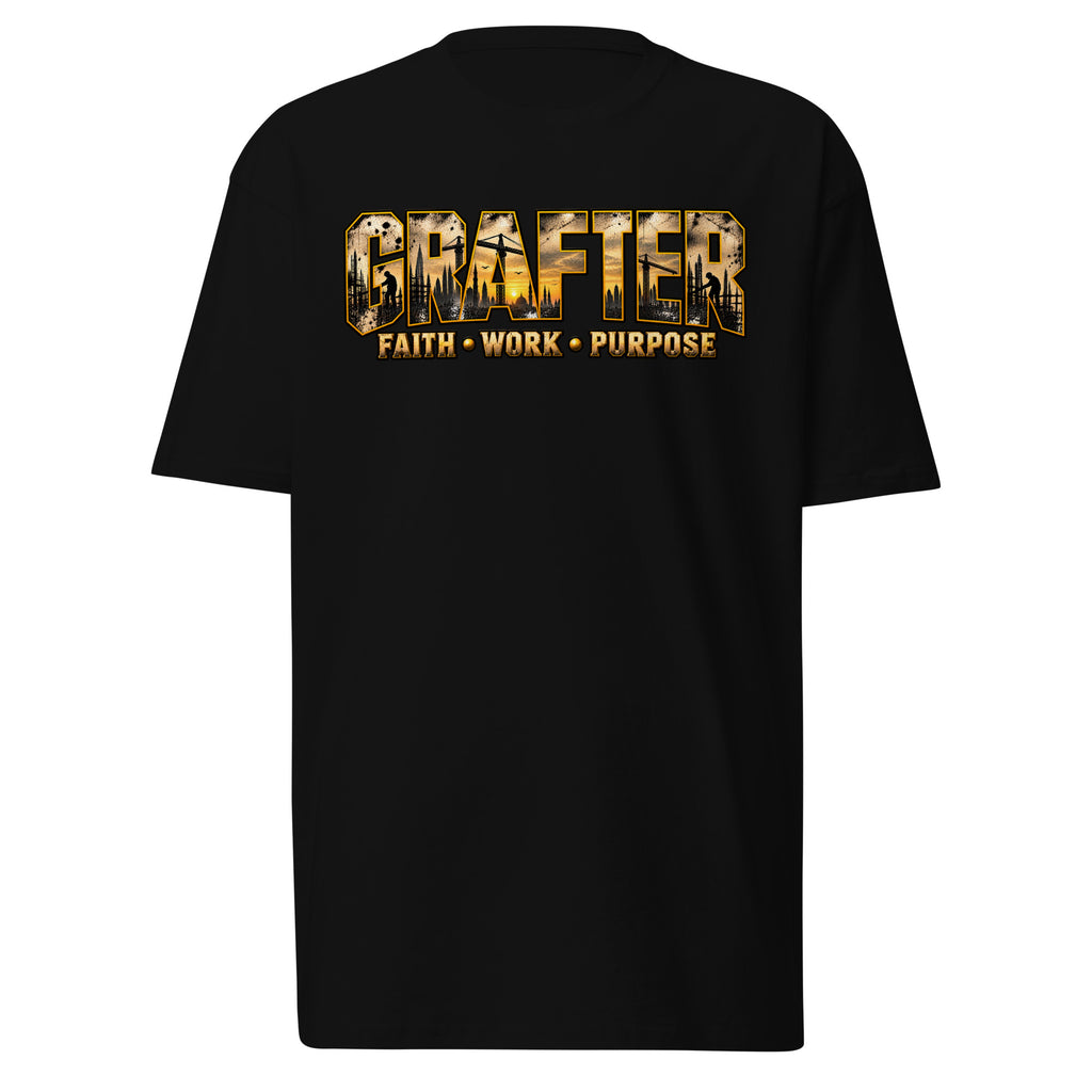 Muslim By Nature™ GRAFTER Builder T-shirt in Black, gold and black construction-themed Grafter design – front view