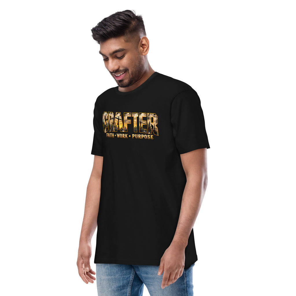 Muslim By Nature™ GRAFTER Builder T-shirt in Black, gold and black construction-themed Grafter design – front view
