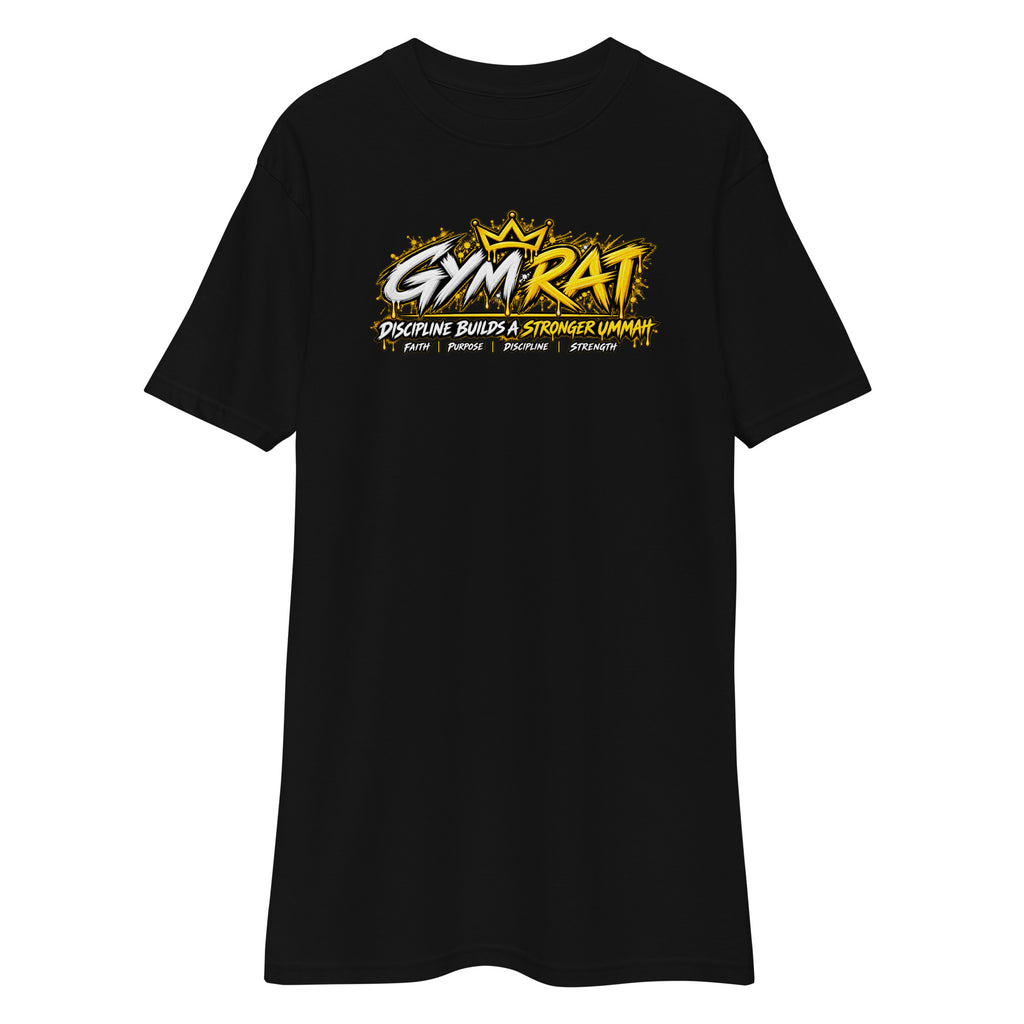Muslim By Nature™ GYM RAT Crown T-shirt in Black, gold and white graffiti-crown Gym Rat design – front view