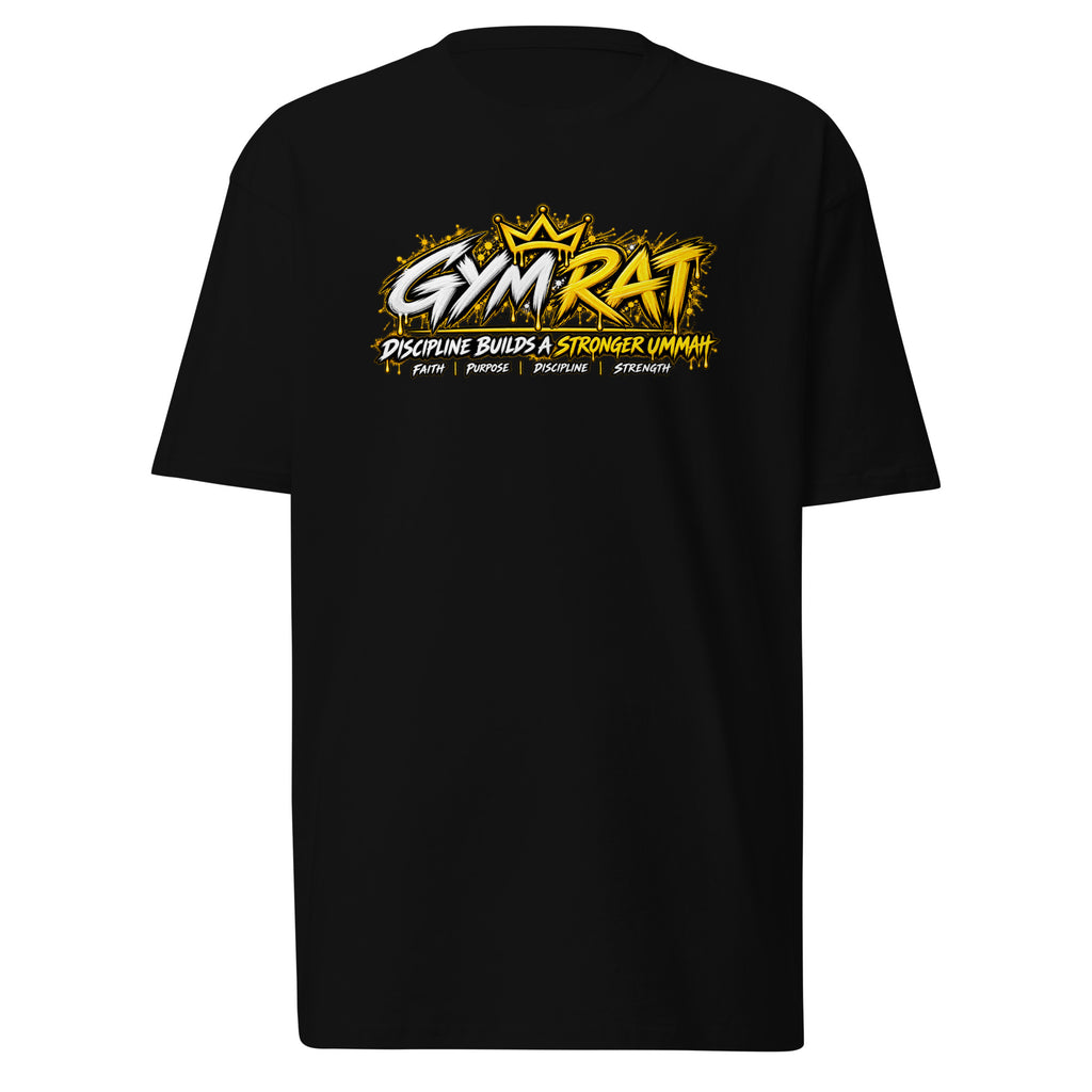 Muslim By Nature™ GYM RAT Crown T-shirt in Black, gold and white graffiti-crown Gym Rat design – front view