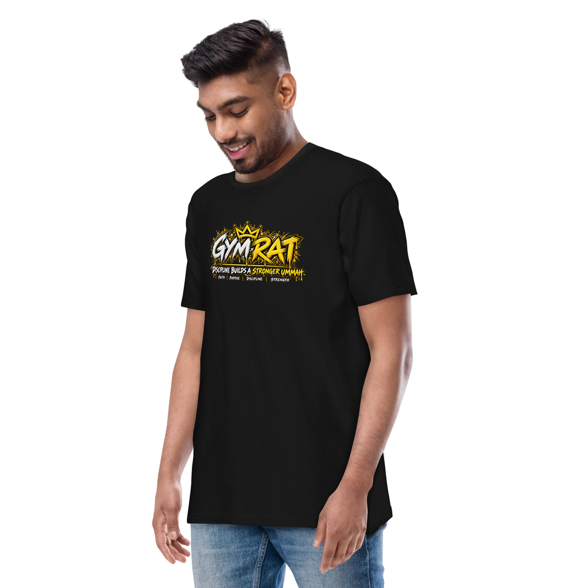 Muslim By Nature™ GYM RAT Crown T-shirt in Black, gold and white graffiti-crown Gym Rat design – front view