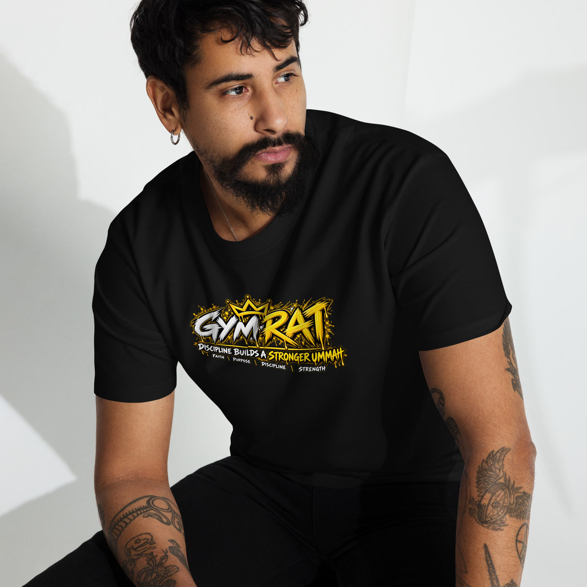 Muslim By Nature™ GYM RAT Crown T-shirt in Black, gold and white graffiti-crown Gym Rat design – front view