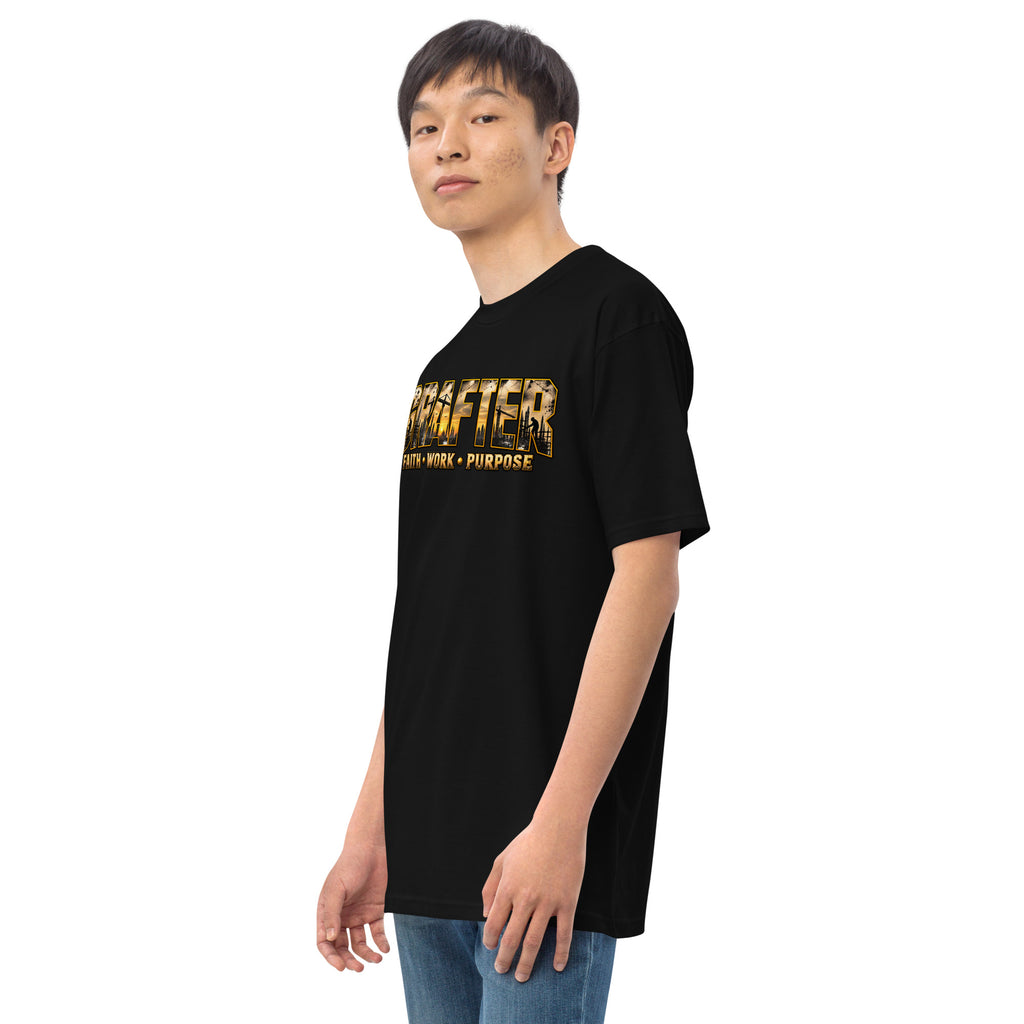 Muslim By Nature™ GRAFTER Builder T-shirt in Black, gold and black construction-themed Grafter design – front, angled left