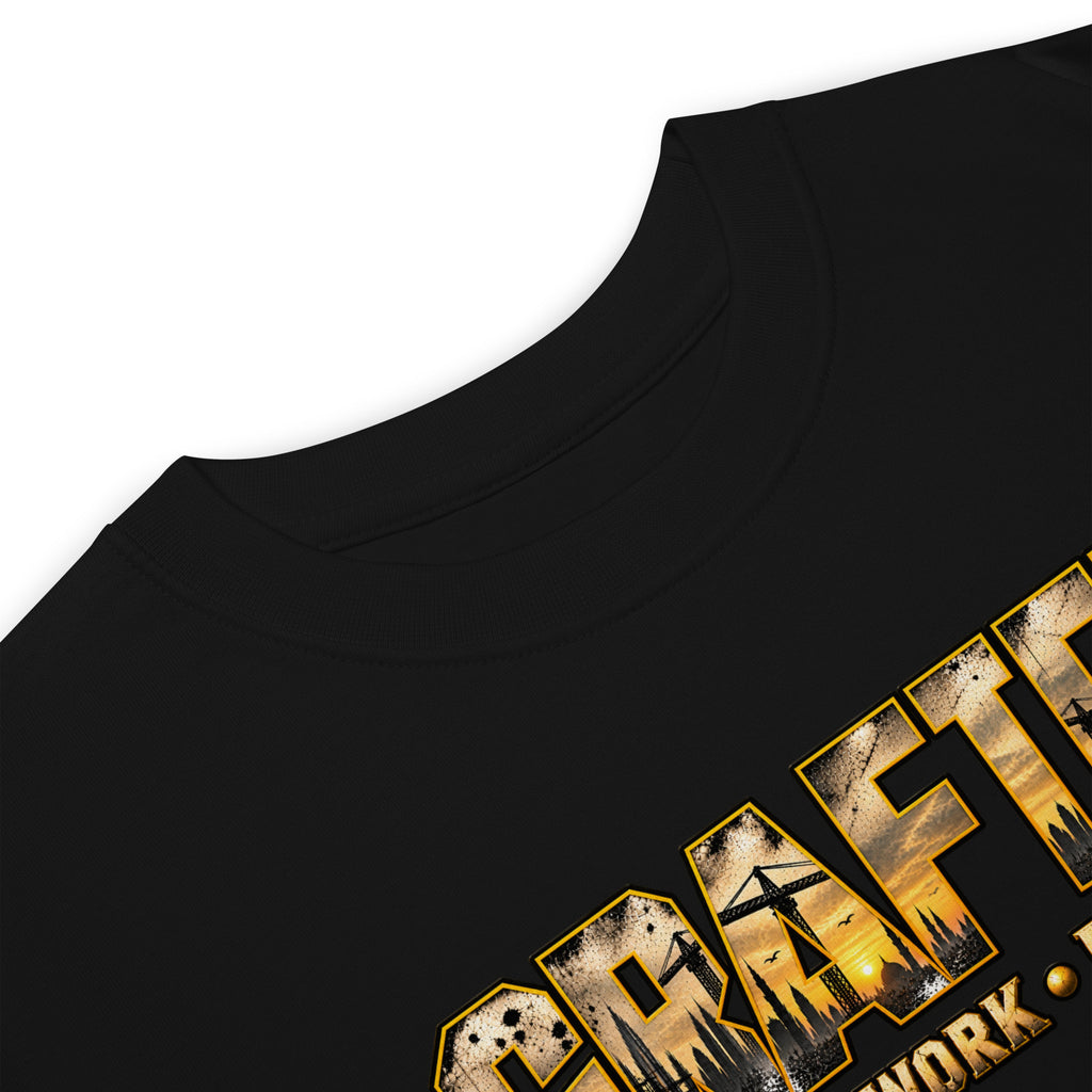 Muslim By Nature™ GRAFTER Builder T-shirt in Black, gold and black construction-themed Grafter design – fabric and label details