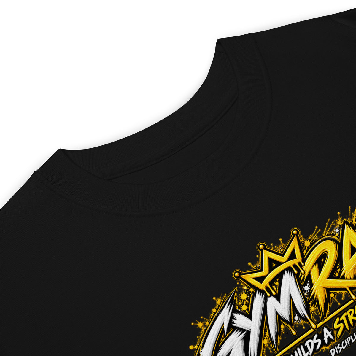Muslim By Nature™ GYM RAT Crown T-shirt in Black, gold and white graffiti-crown Gym Rat design – fabric and label details