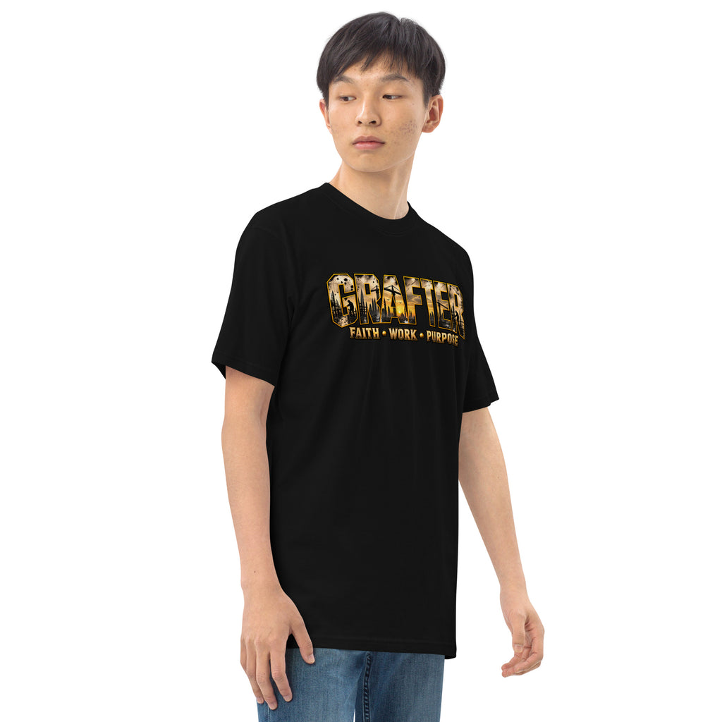 Muslim By Nature™ GRAFTER Builder T-shirt in Black, gold and black construction-themed Grafter design – front, angled right