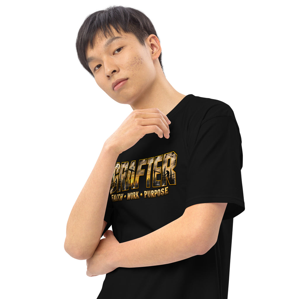 Muslim By Nature™ GRAFTER Builder T-shirt in Black, gold and black construction-themed Grafter design – close-up of the print