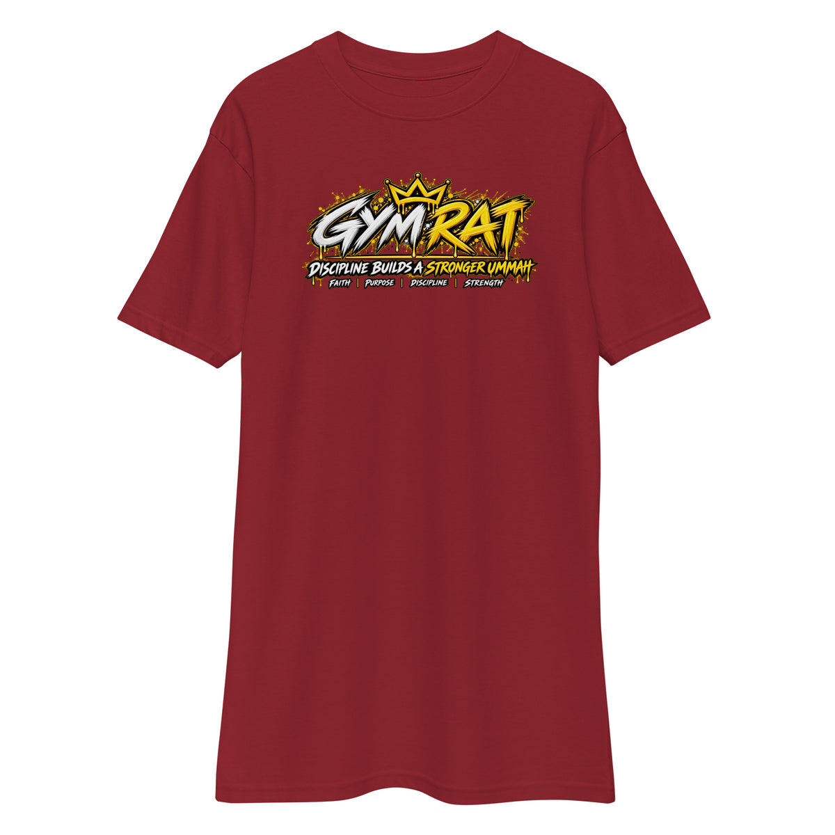 Muslim By Nature™ GYM RAT Crown T-shirt in Brick Red, gold and white graffiti-crown Gym Rat design – front view