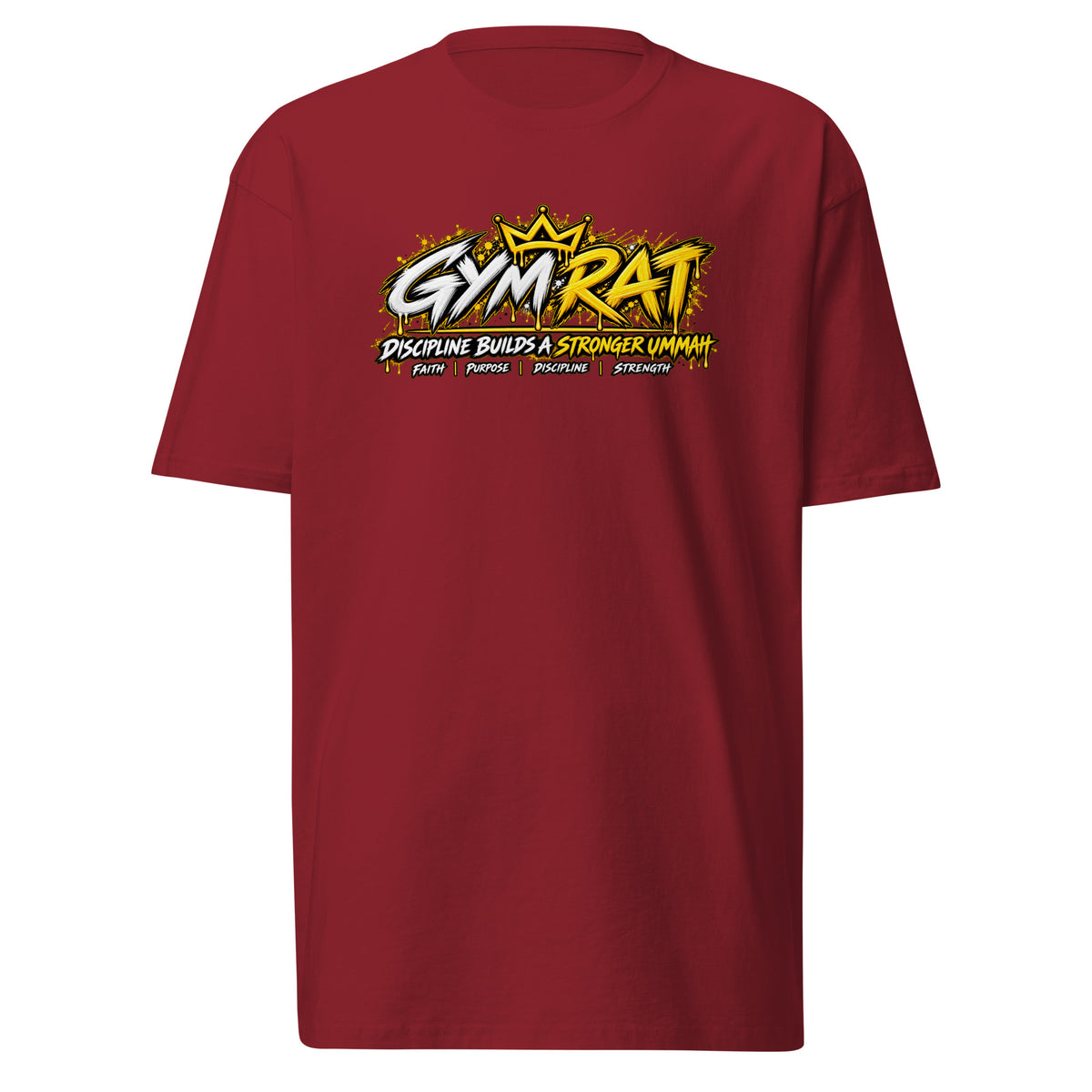 Muslim By Nature™ GYM RAT Crown T-shirt in Brick Red, gold and white graffiti-crown Gym Rat design – front view