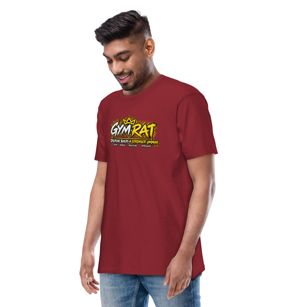 Muslim By Nature™ GYM RAT Crown T-shirt in Brick Red, gold and white graffiti-crown Gym Rat design – front view