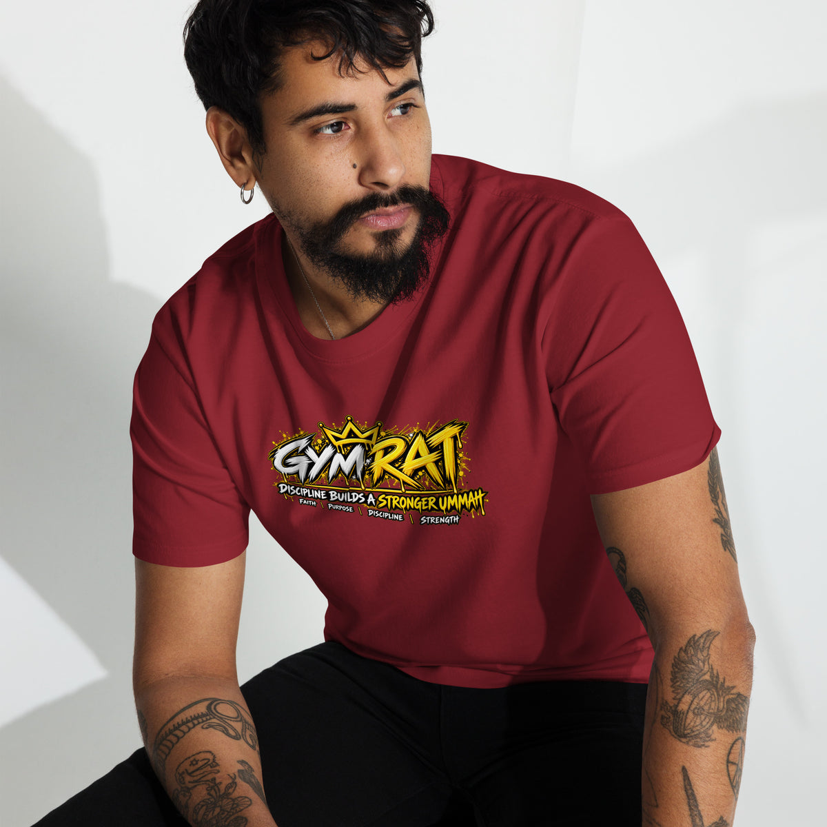 Muslim By Nature™ GYM RAT Crown T-shirt in Brick Red, gold and white graffiti-crown Gym Rat design – front view