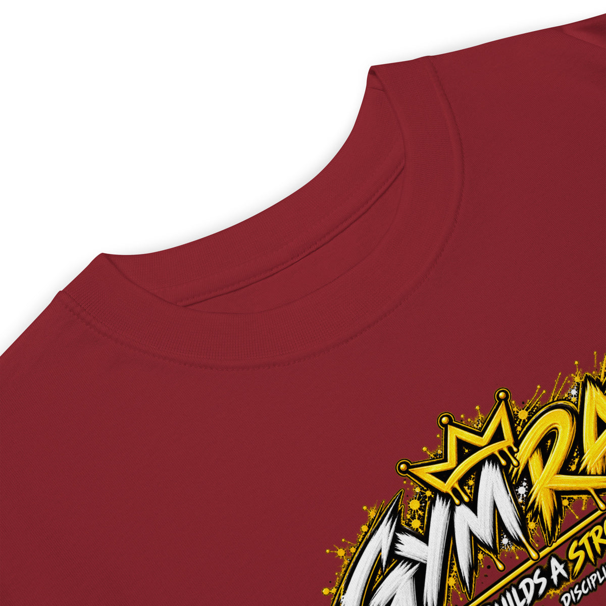 Muslim By Nature™ GYM RAT Crown T-shirt in Brick Red, gold and white graffiti-crown Gym Rat design – fabric and label details