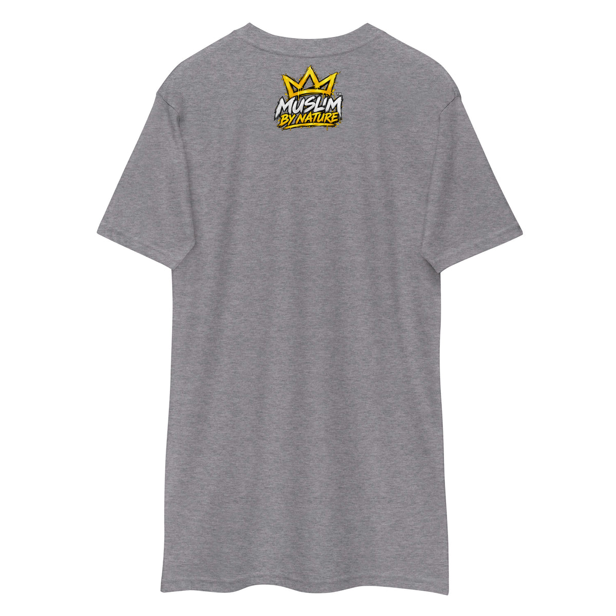 Muslim By Nature™ GYM RAT Crown T-shirt in Carbon Grey, gold and white graffiti-crown Gym Rat design – back view