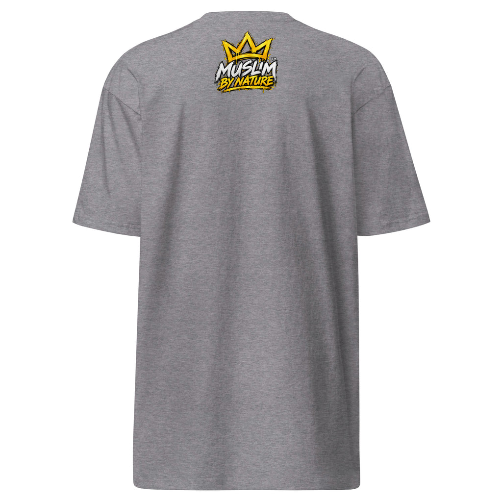 Muslim By Nature™ GYM RAT Crown T-shirt in Carbon Grey, gold and white graffiti-crown Gym Rat design – back view