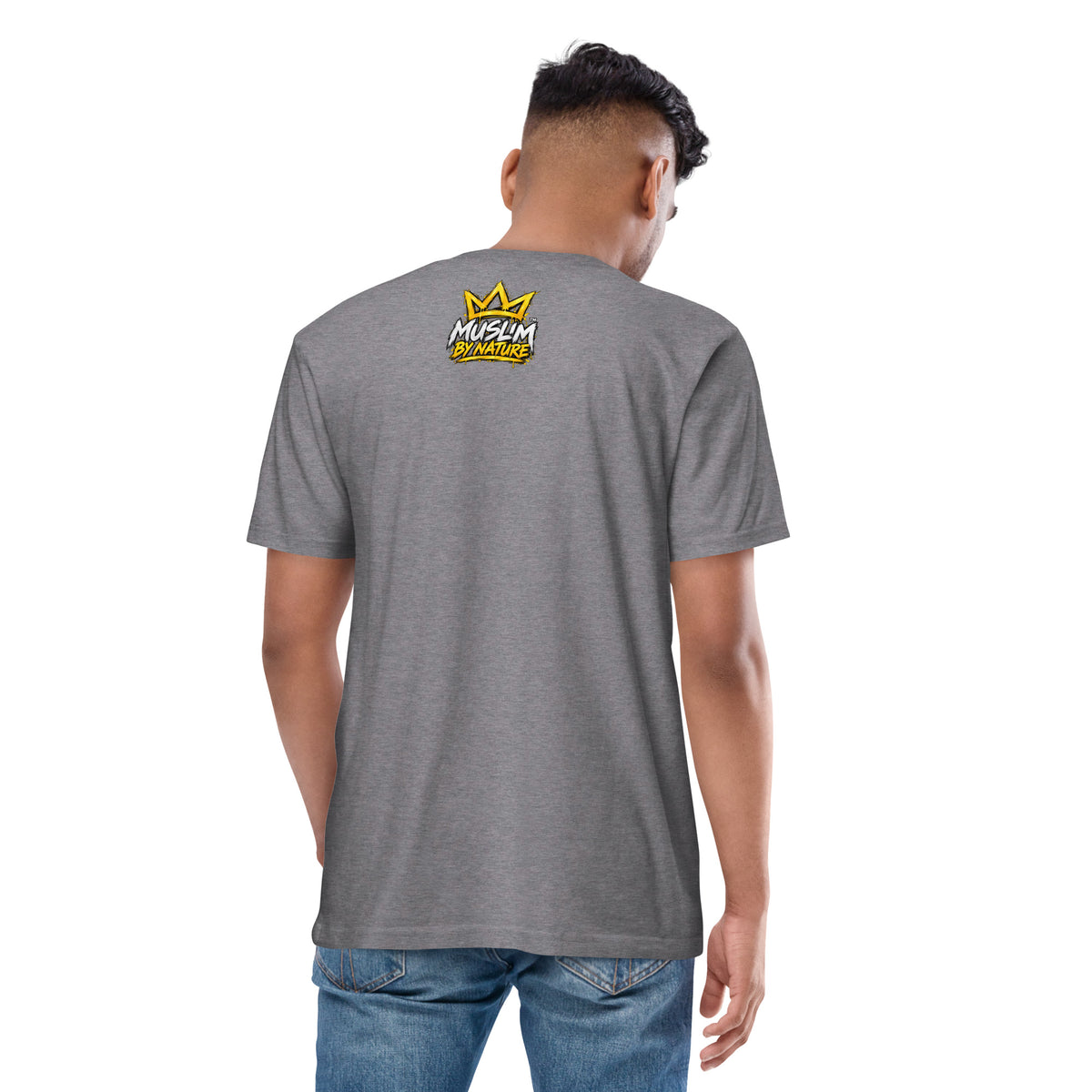 Muslim By Nature™ GYM RAT Crown T-shirt in Carbon Grey, gold and white graffiti-crown Gym Rat design – back view