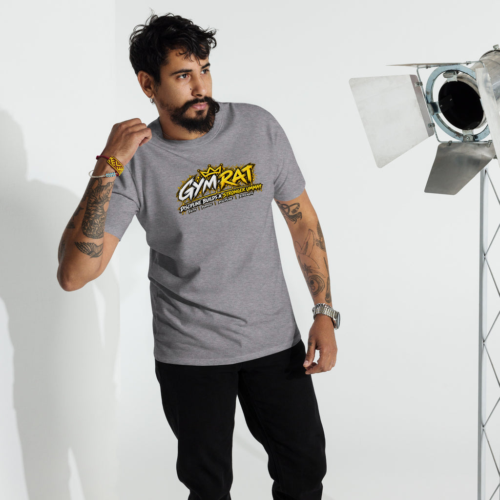 Muslim By Nature™ GYM RAT Crown T-shirt in Carbon Grey, gold and white graffiti-crown Gym Rat design – front, alternate
