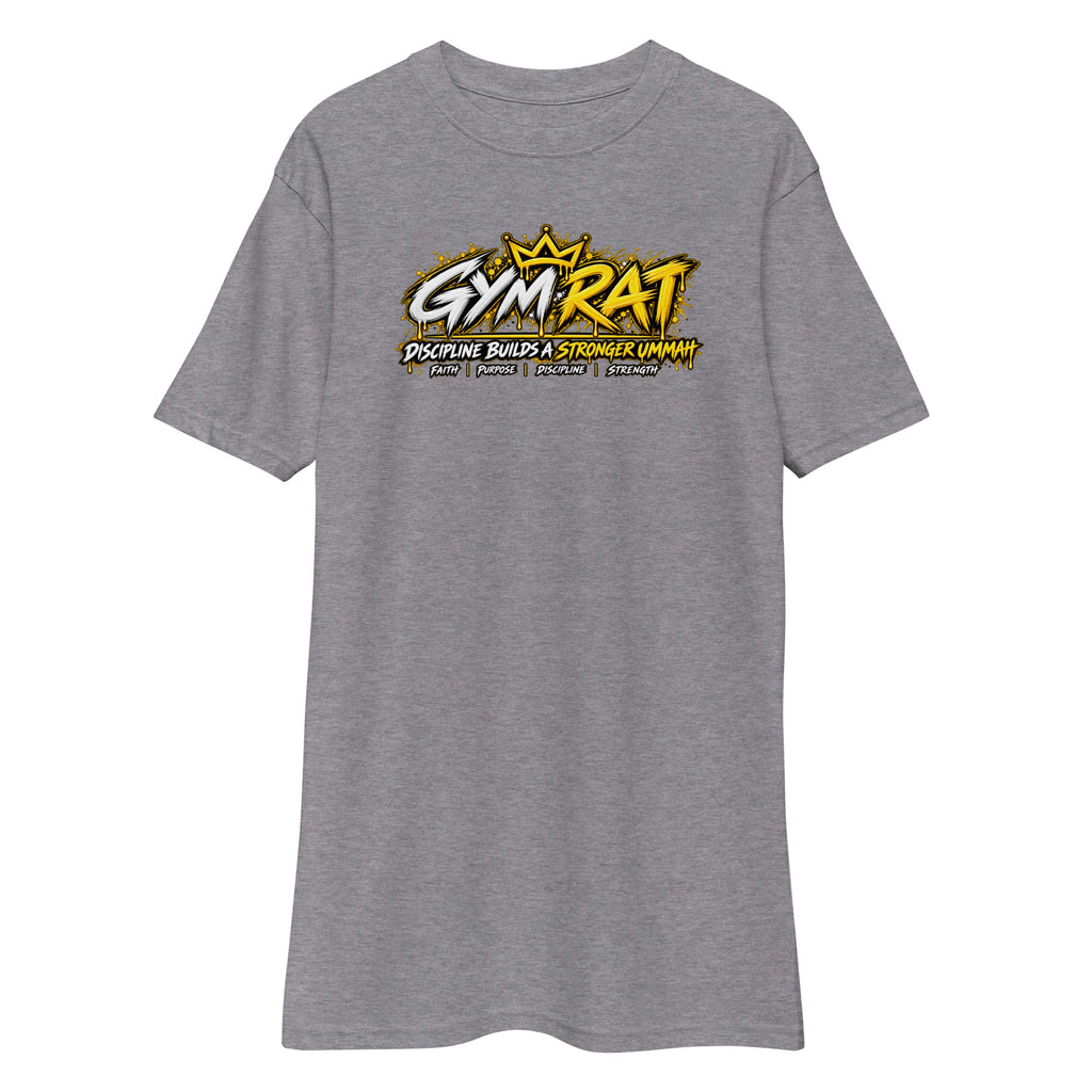 Muslim By Nature™ GYM RAT Crown T-shirt in Carbon Grey, gold and white graffiti-crown Gym Rat design – front view