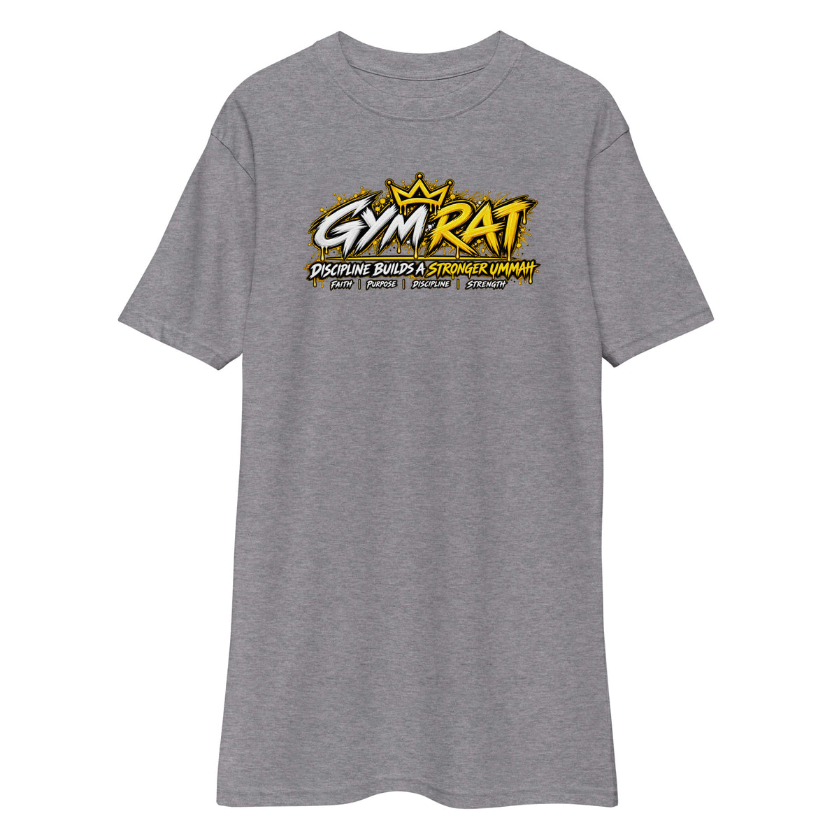 Muslim By Nature™ GYM RAT Crown T-shirt in Carbon Grey, gold and white graffiti-crown Gym Rat design – front view